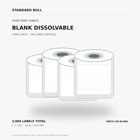 Illustrative four-roll blank dissolvable food label pack, 2,000 labels