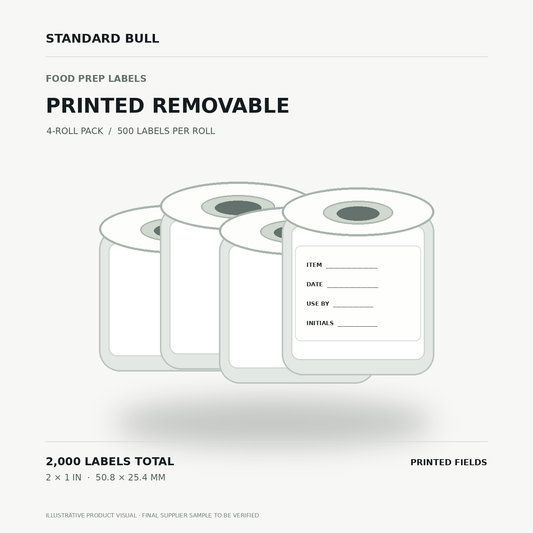Illustrative four-roll printed removable food rotation label pack, 2,000 labels